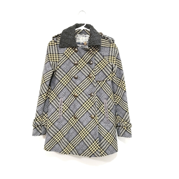 FREE PEOPLE Wool Blend Plaid Pea coat Gray Coat - Picture 1 of 9